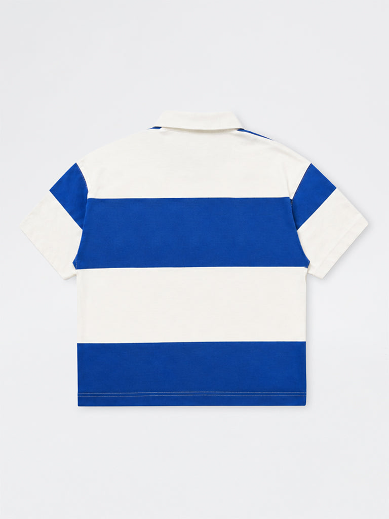 Boys Off-White and Blue Striped Cotton Polo T-Shirt