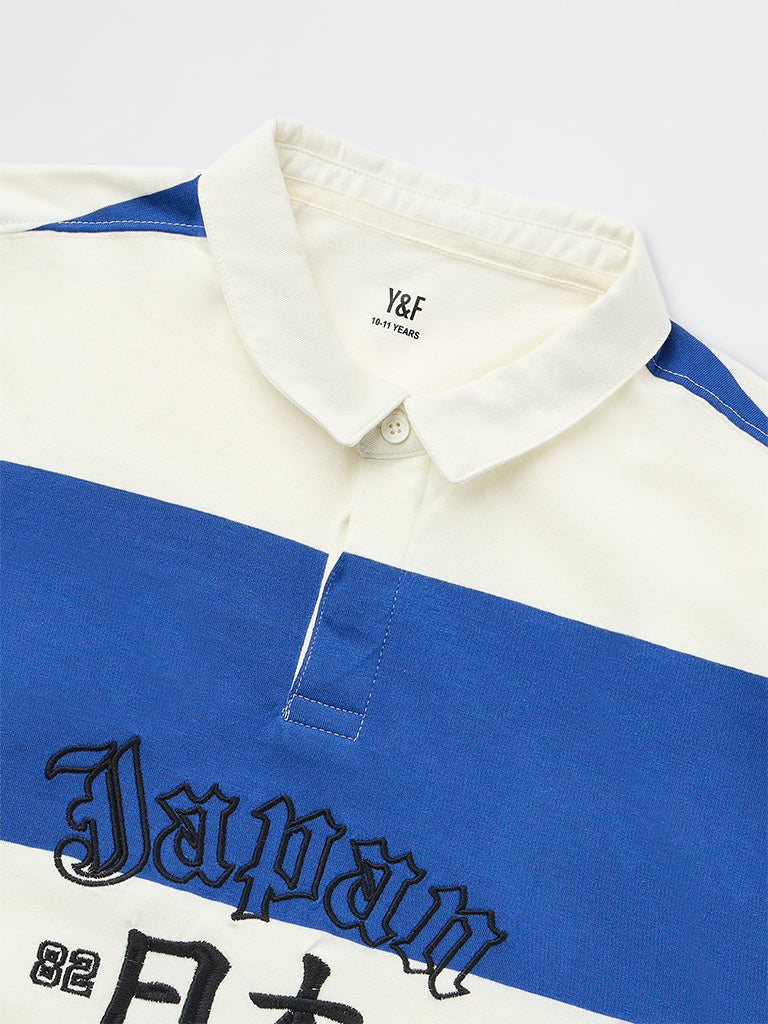 Boys Off-White and Blue Striped Cotton Polo T-Shirt
