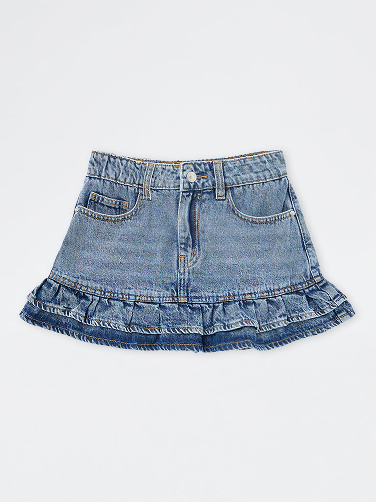 Girls Light Blue Washed High-Rise Flared Denim Skirt