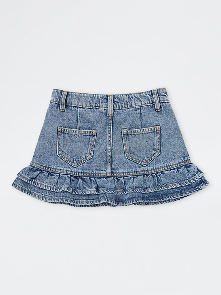 Girls Light Blue Washed High-Rise Flared Denim Skirt