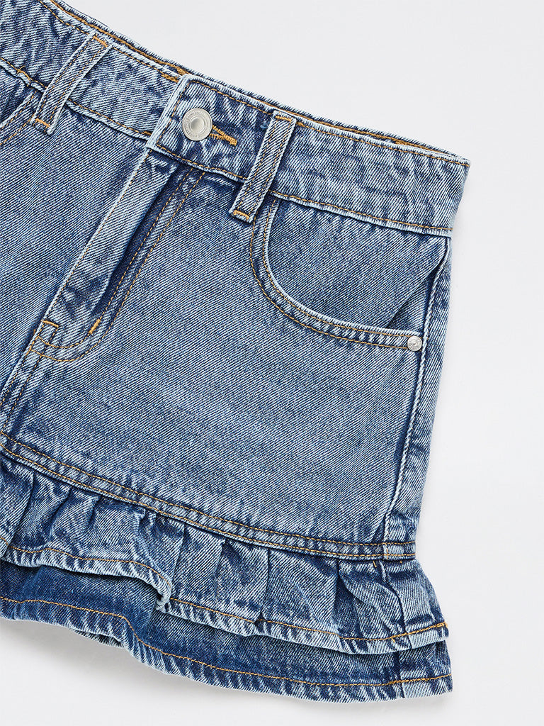 Girls Light Blue Washed High-Rise Flared Denim Skirt