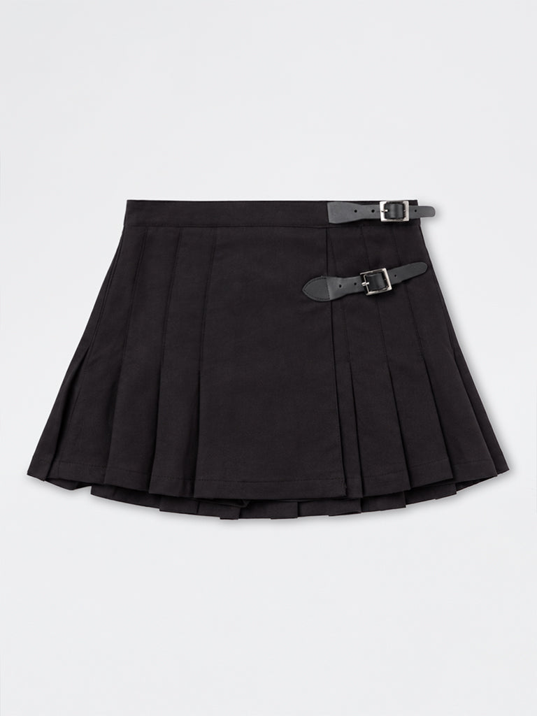 Girls Black Pleated Buckle-Detail High-Rise Cotton Skirt