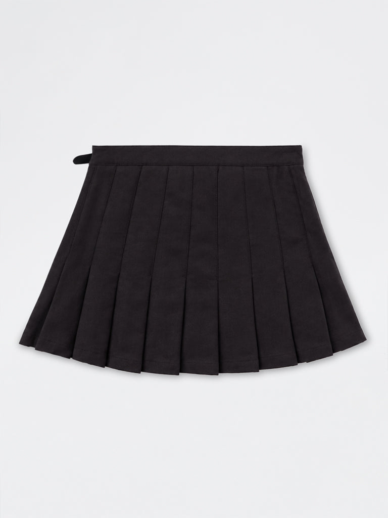 Girls Black Pleated Buckle-Detail High-Rise Cotton Skirt