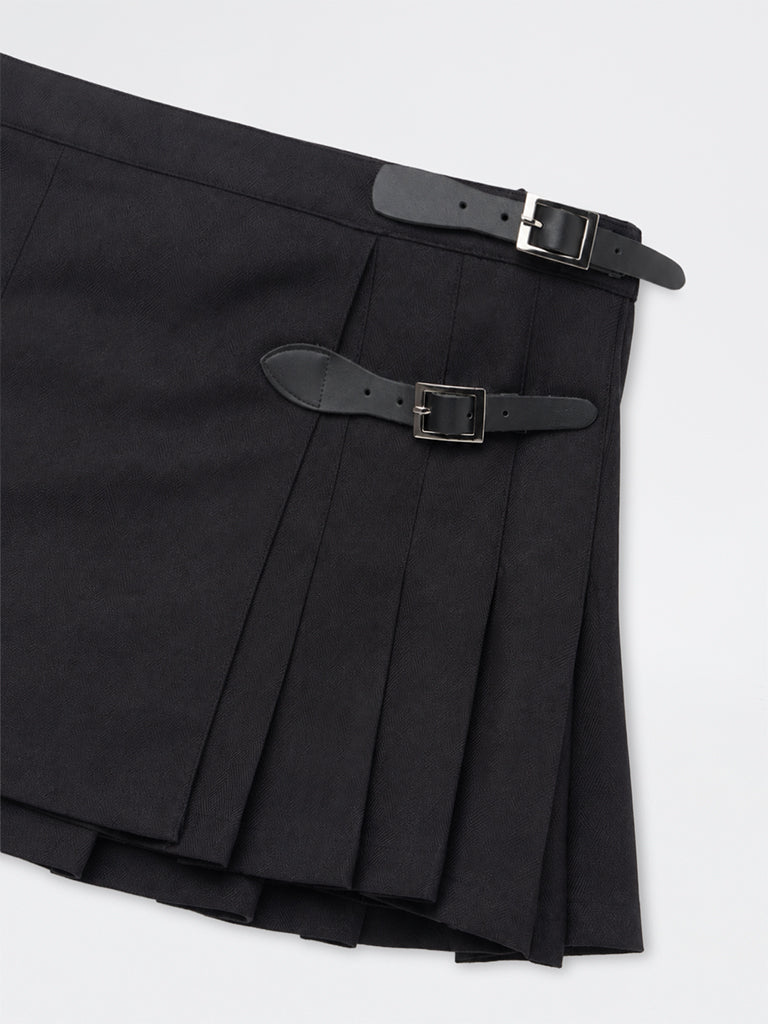 Girls Black Pleated Buckle-Detail High-Rise Cotton Skirt