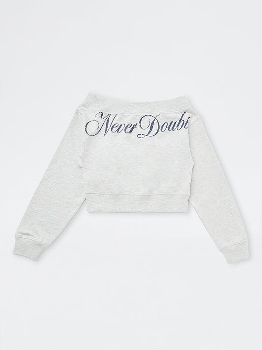 Girls Grey Text Printed Off-Shoulder Cotton-Blend Sweatshirt