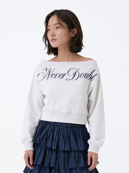 Girls Grey Text Printed Off-Shoulder Cotton-Blend Sweatshirt