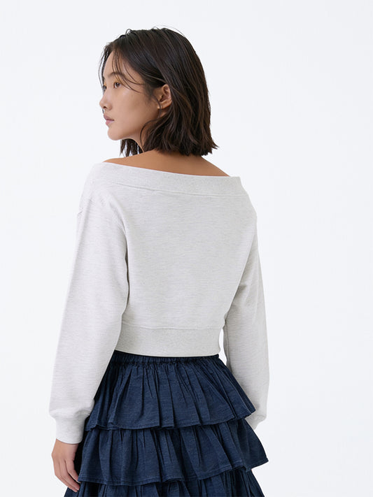 Girls Grey Text Printed Off-Shoulder Cotton-Blend Sweatshirt