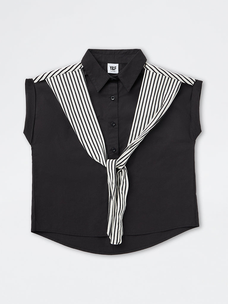 Girls Black Tie-Up Detail Cotton Shirt