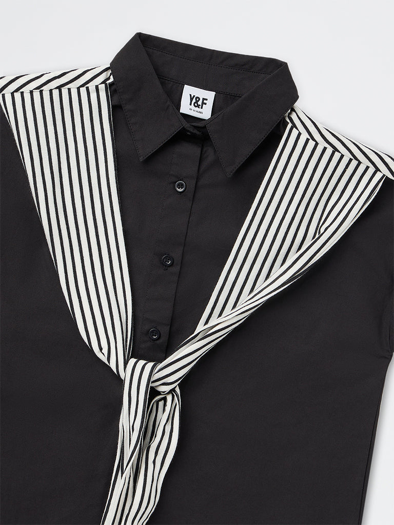 Girls Black Tie-Up Detail Cotton Shirt