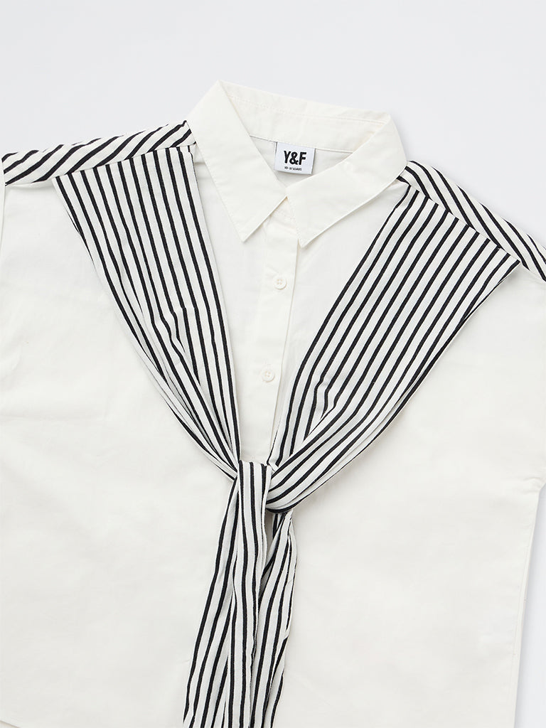 Girls White Striped Tie-Up Detail Cotton Shirt