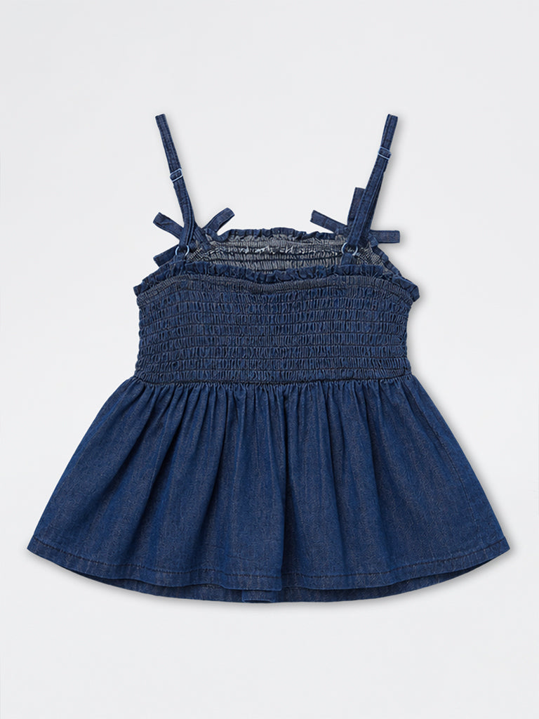 Girls Dark Blue Bow-Detail Smocked Denim Top