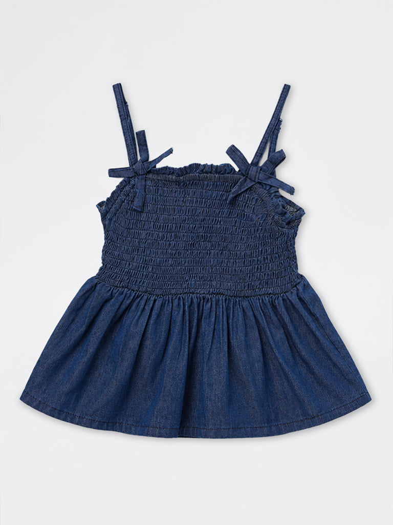 Girls Dark Blue Bow-Detail Smocked Denim Top