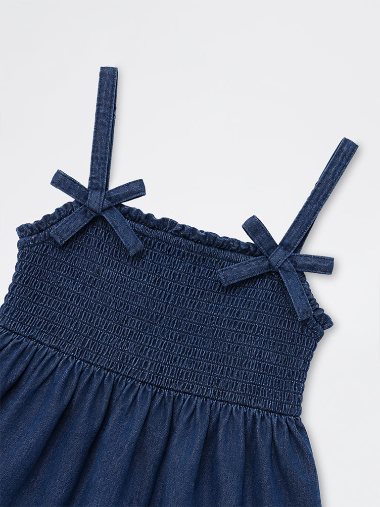 Girls Dark Blue Bow-Detail Smocked Denim Top