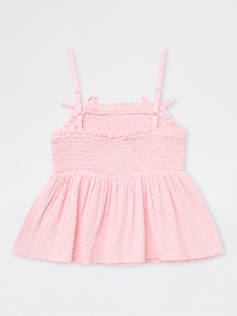 Girls Light Pink Bow-Detail Smocked Cotton Top