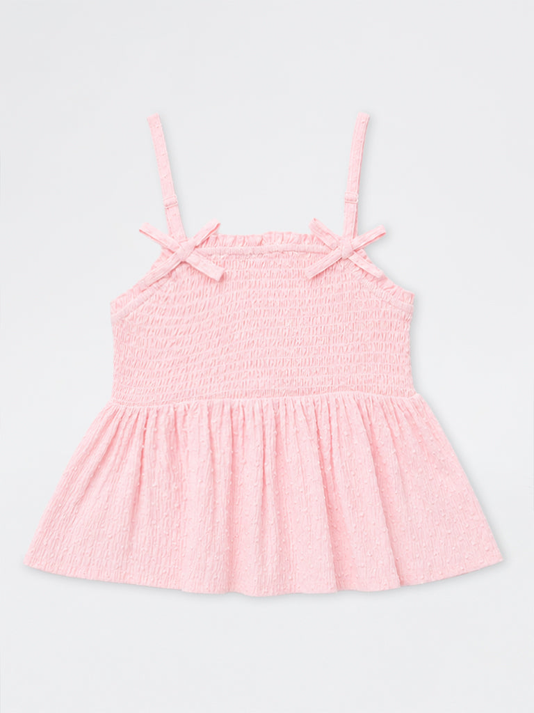Girls Light Pink Bow-Detail Smocked Cotton Top