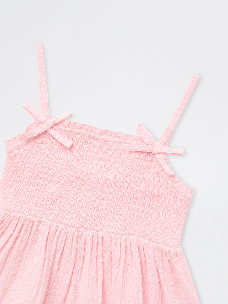 Girls Light Pink Bow-Detail Smocked Cotton Top