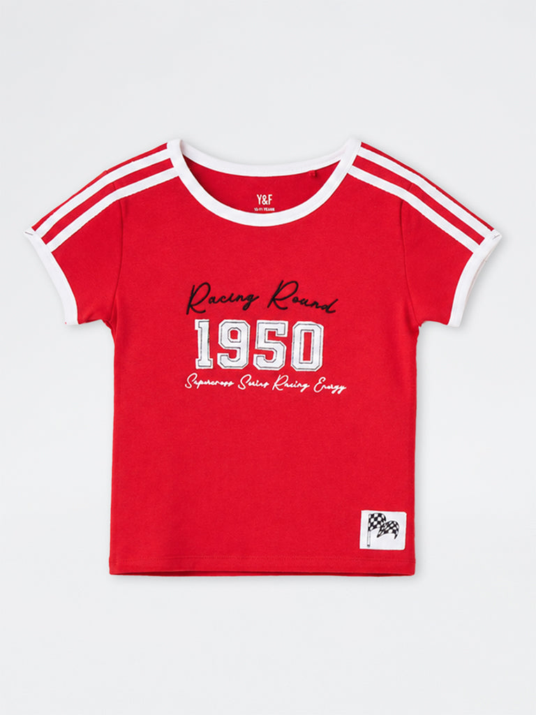 Girls Red Numerical Design Cotton-Blend T-Shirt