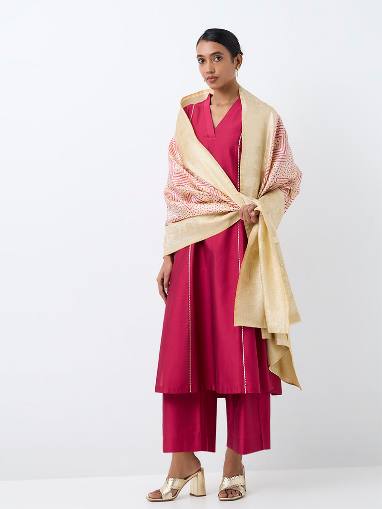 Vark Fuchsia Scallop Embroidered A-Line Ethnic Set