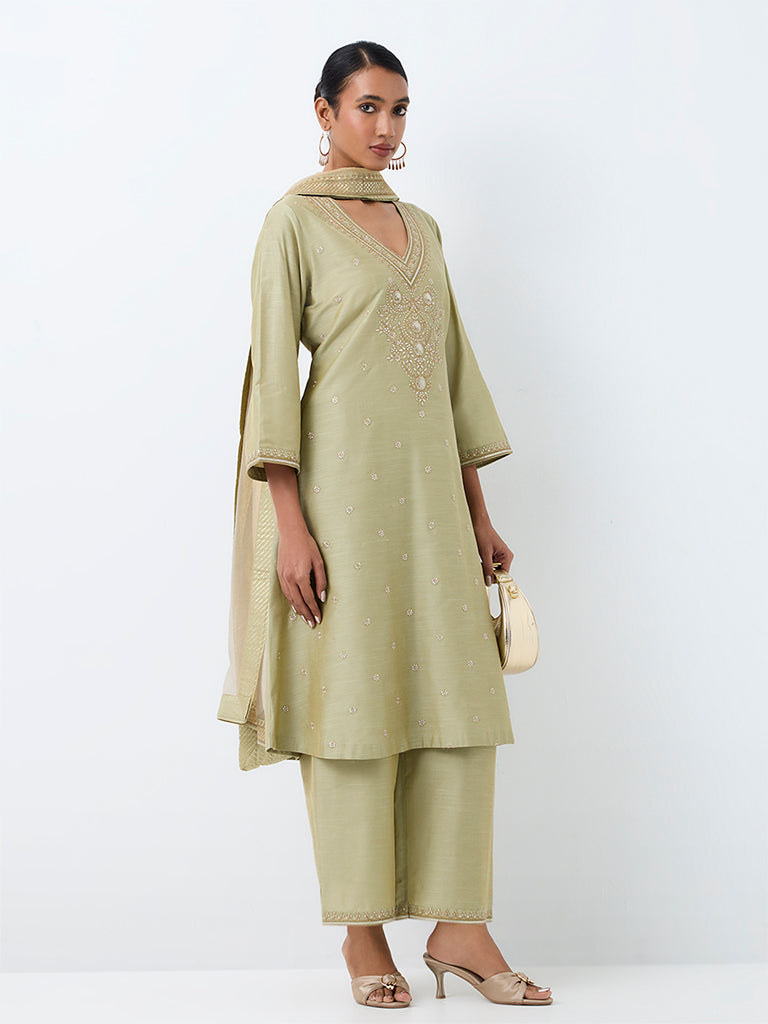 Vark Sage Floral Embroidered A-Line Ethnic Set