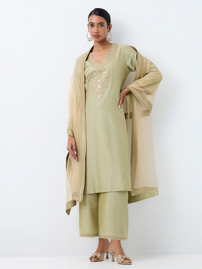 Vark Sage Floral Embroidered A-Line Ethnic Set