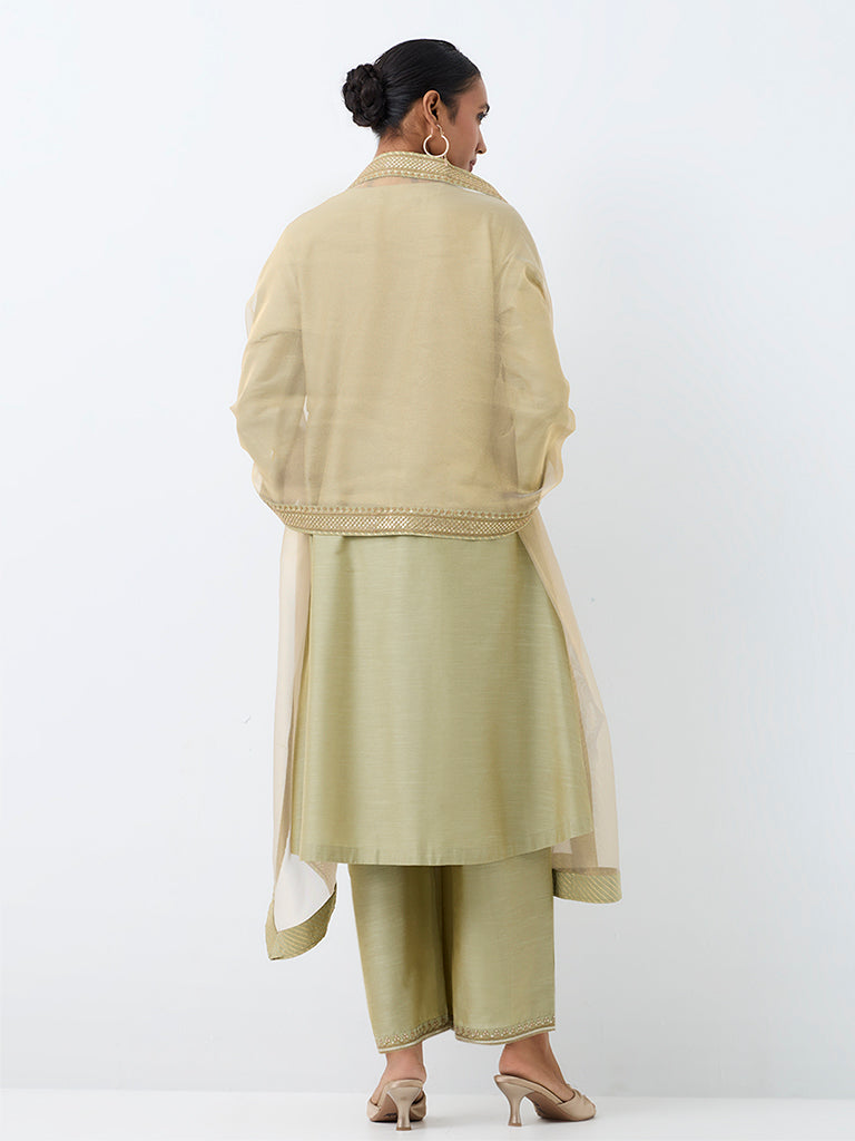 Vark Sage Floral Embroidered A-Line Ethnic Set