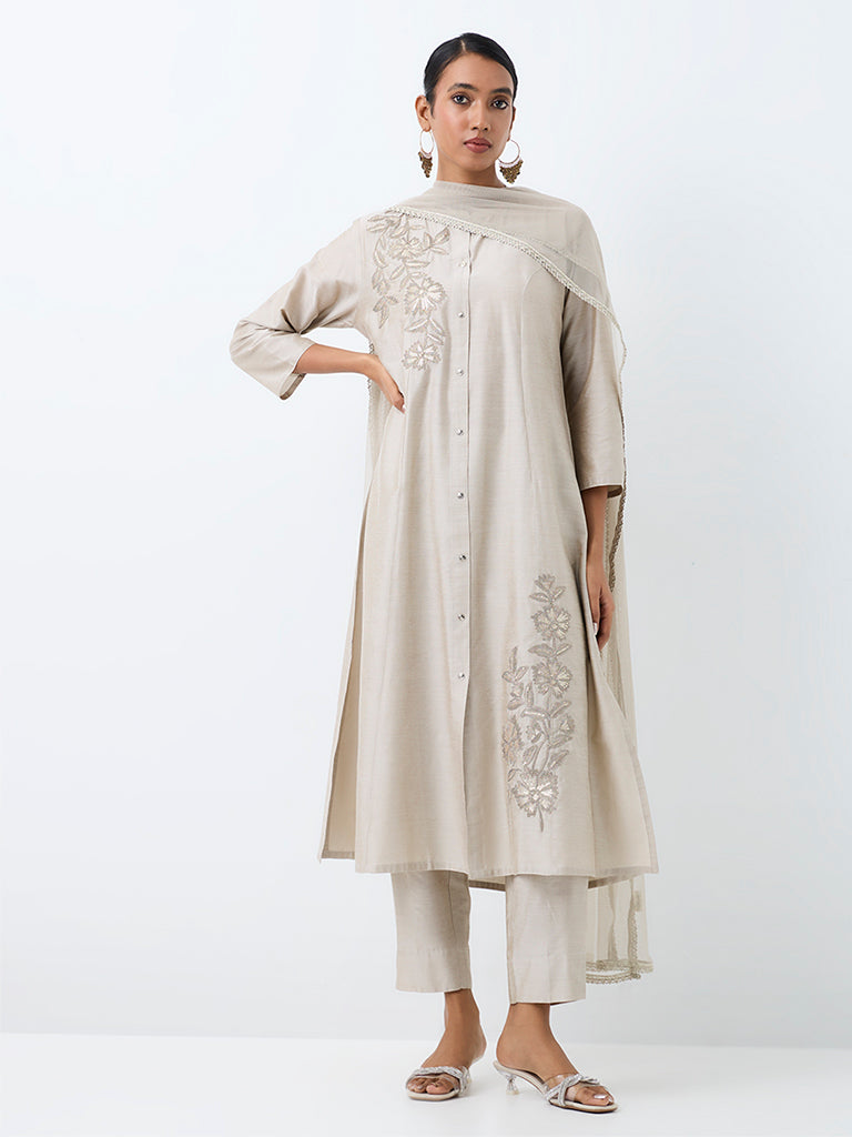 Vark Grey Floral Embroidered A-Line Ethnic Set