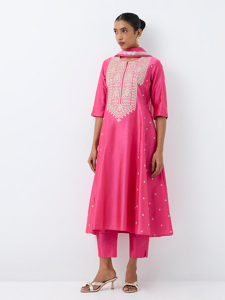 Vark Pink Zari-Embroidered A-Line Ethnic Set