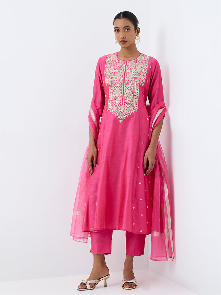 Vark Pink Zari-Embroidered A-Line Ethnic Set