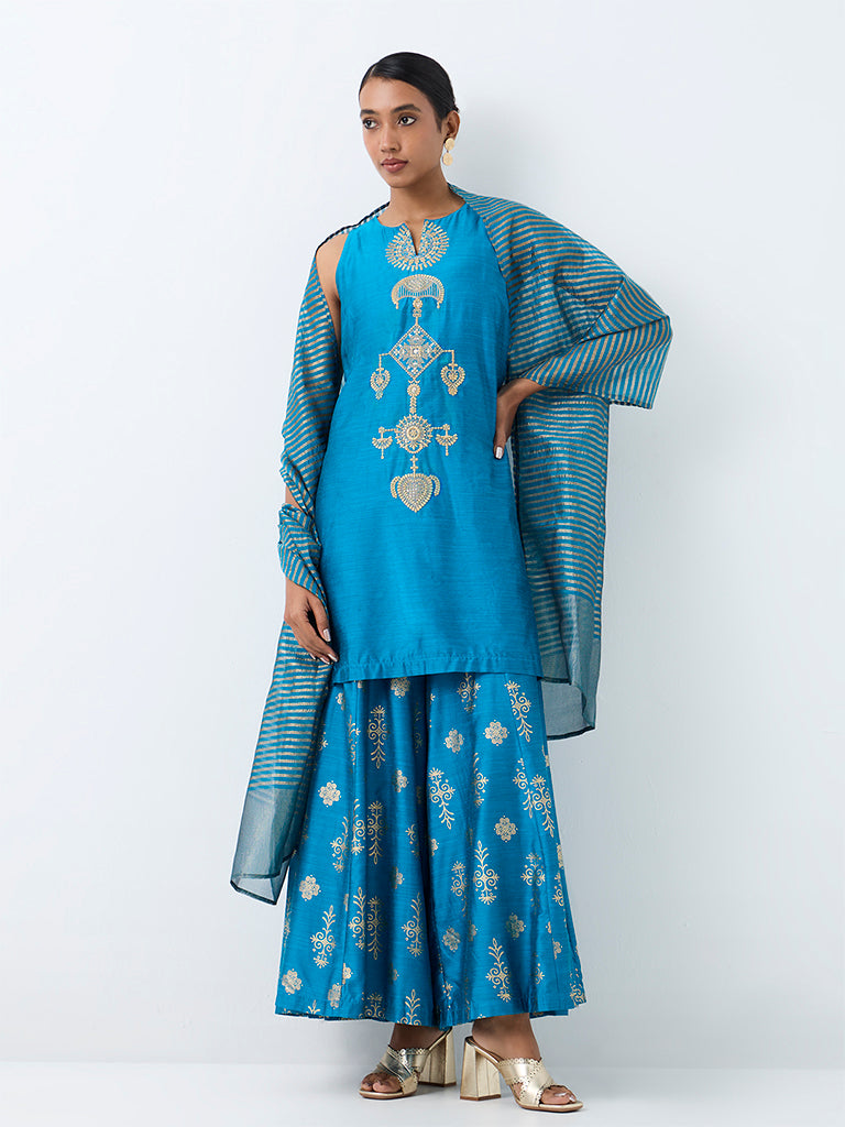 Vark Blue Zari Embroidered A-Line Ethnic Set