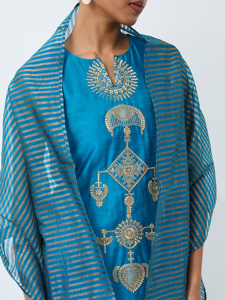 Vark Blue Zari Embroidered A-Line Ethnic Set