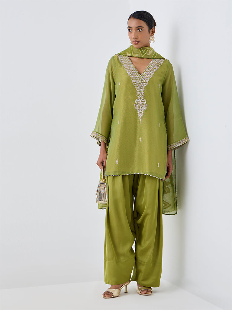 Vark Lime Green Floral Embroidered Short Kurta with Farshi Salwar Set