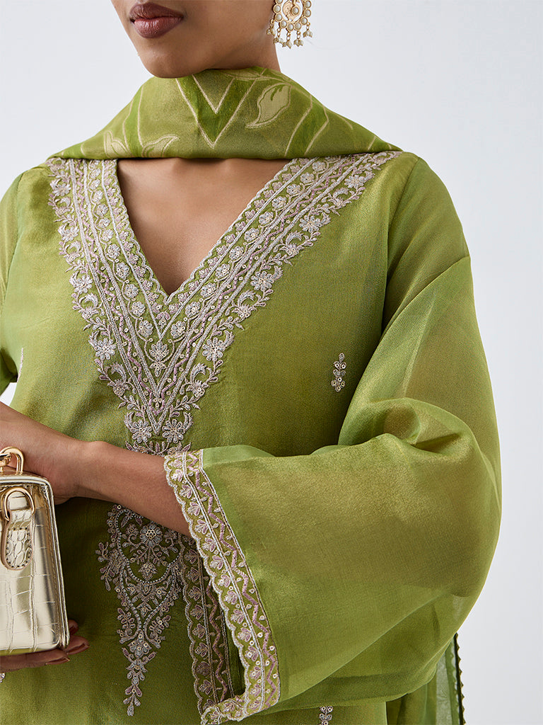 Vark Lime Green Floral Embroidered Short Kurta with Farshi Salwar Set