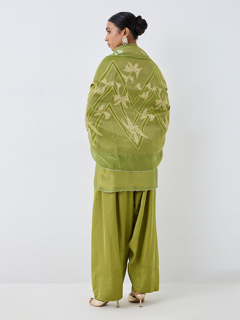 Vark Lime Green Floral Embroidered Short Kurta with Farshi Salwar Set