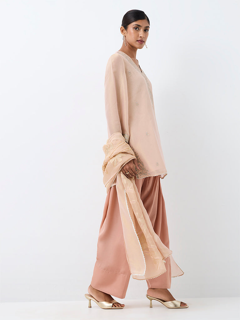 Vark Peach Floral Embroidered A-Line Ethnic Set