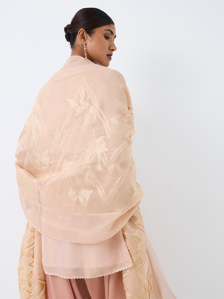 Vark Peach Floral Embroidered A-Line Ethnic Set