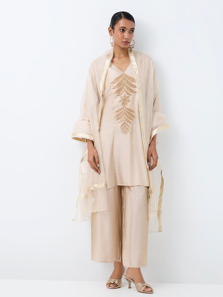 Vark Light Gold Botanical Embroidered A-Line Ethnic Set