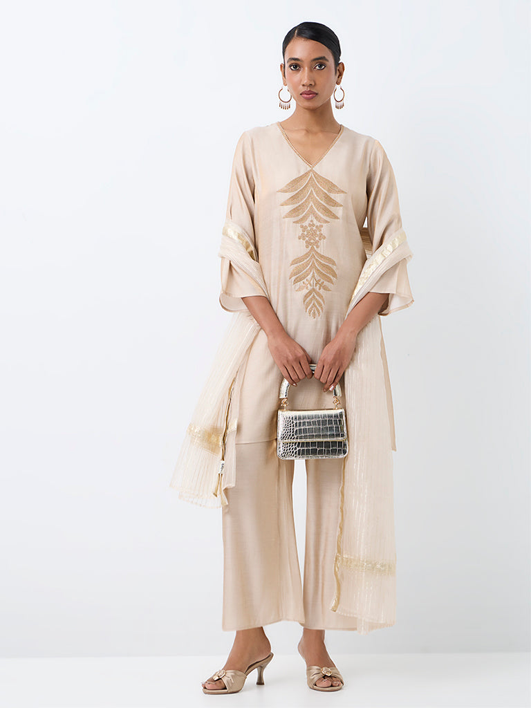 Vark Light Gold Botanical Embroidered A-Line Ethnic Set