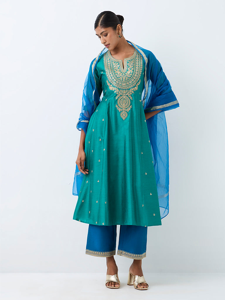 Vark Teal Floral Embroidered Flared Ethnic Set
