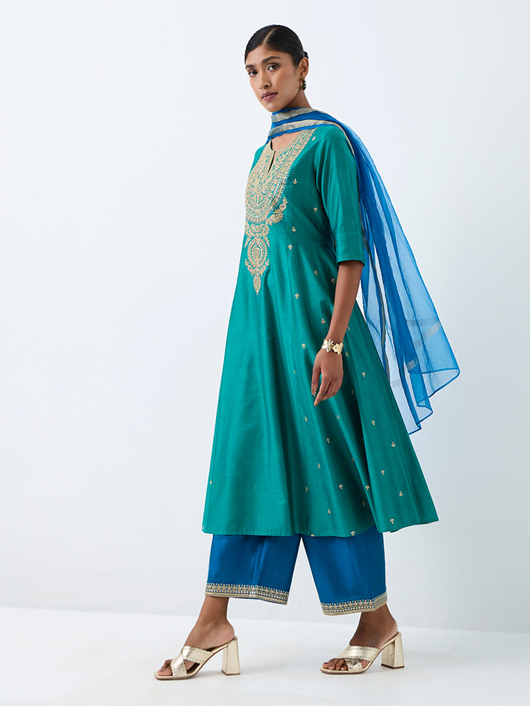 Vark Teal Floral Embroidered Flared Ethnic Set