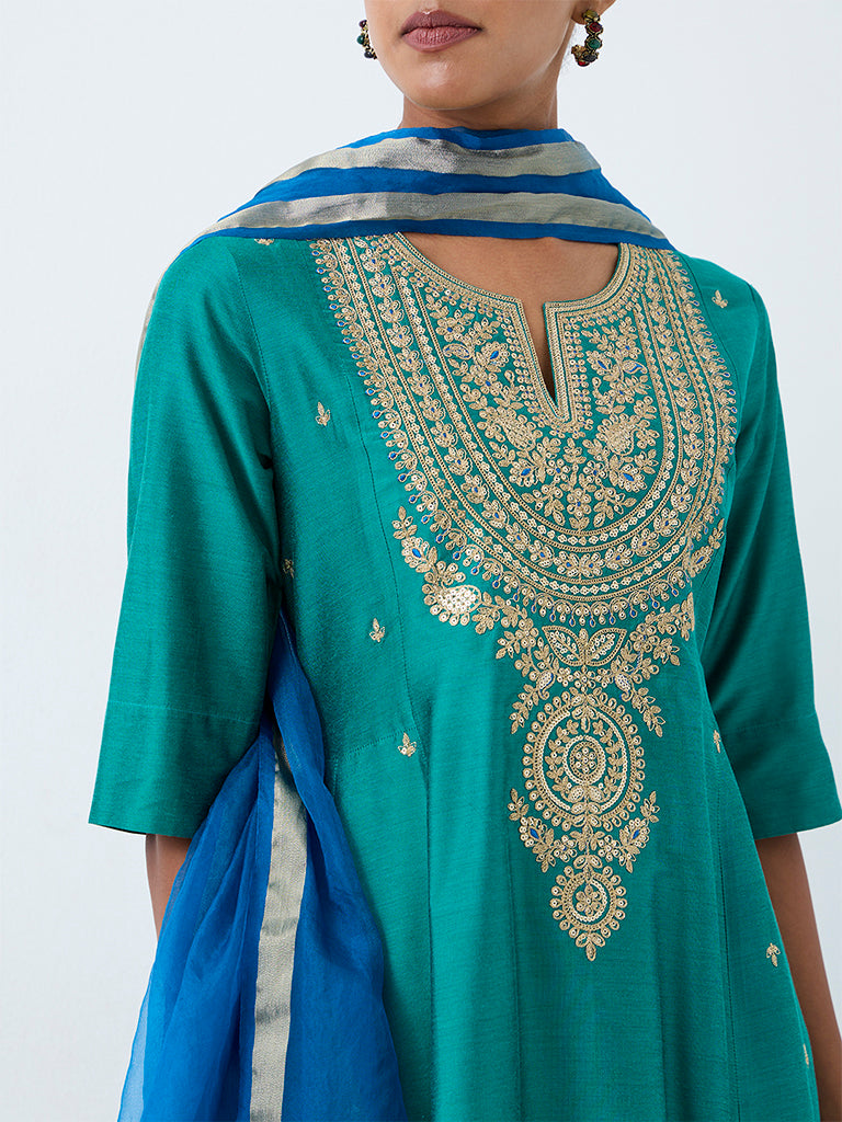 Vark Teal Floral Embroidered Flared Ethnic Set