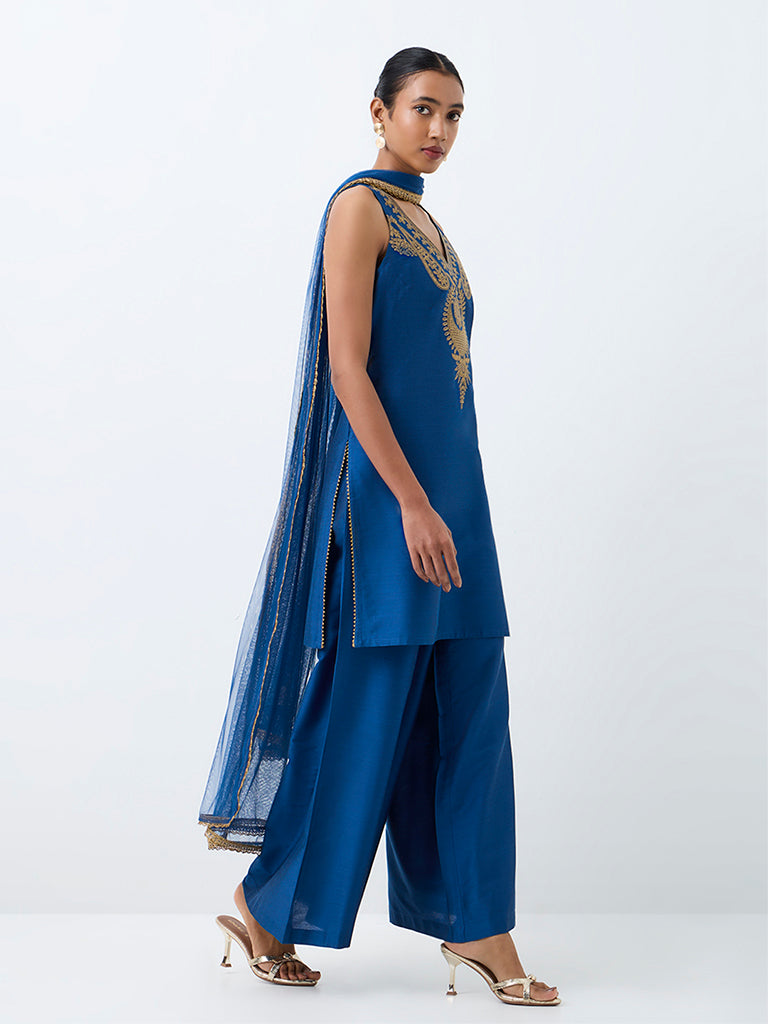 Vark Dark Blue Zari Embroidered A-Line Ethnic Set