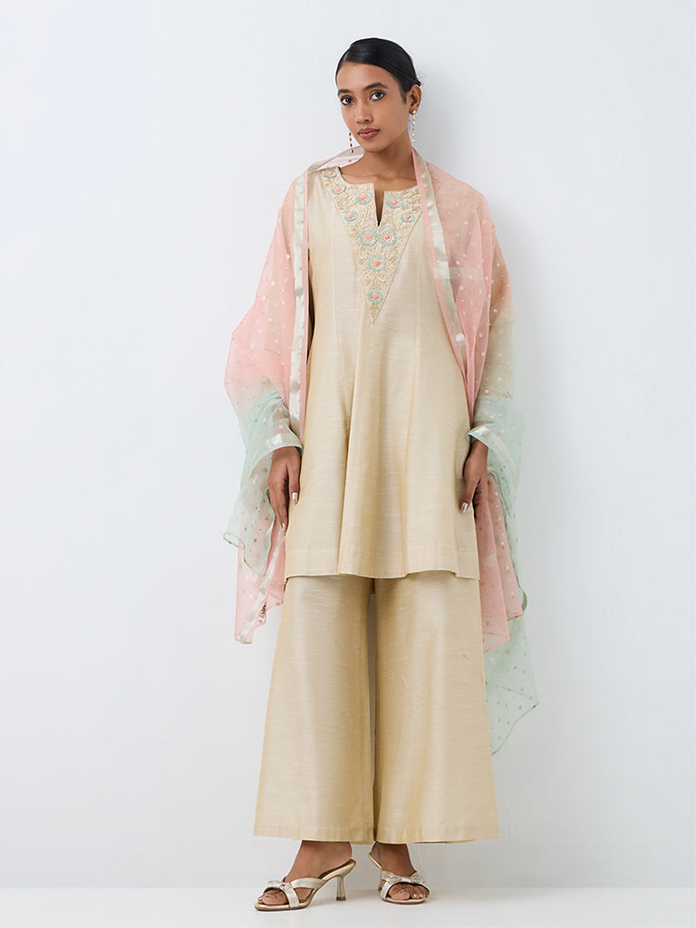 Vark Beige Floral Embroidered Flared Ethnic Set