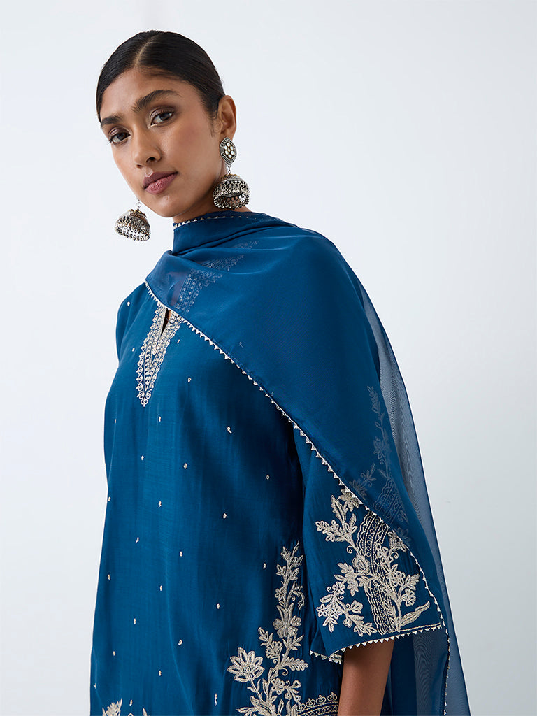 Vark Dark Blue Floral Embroidered Straight Ethnic Set
