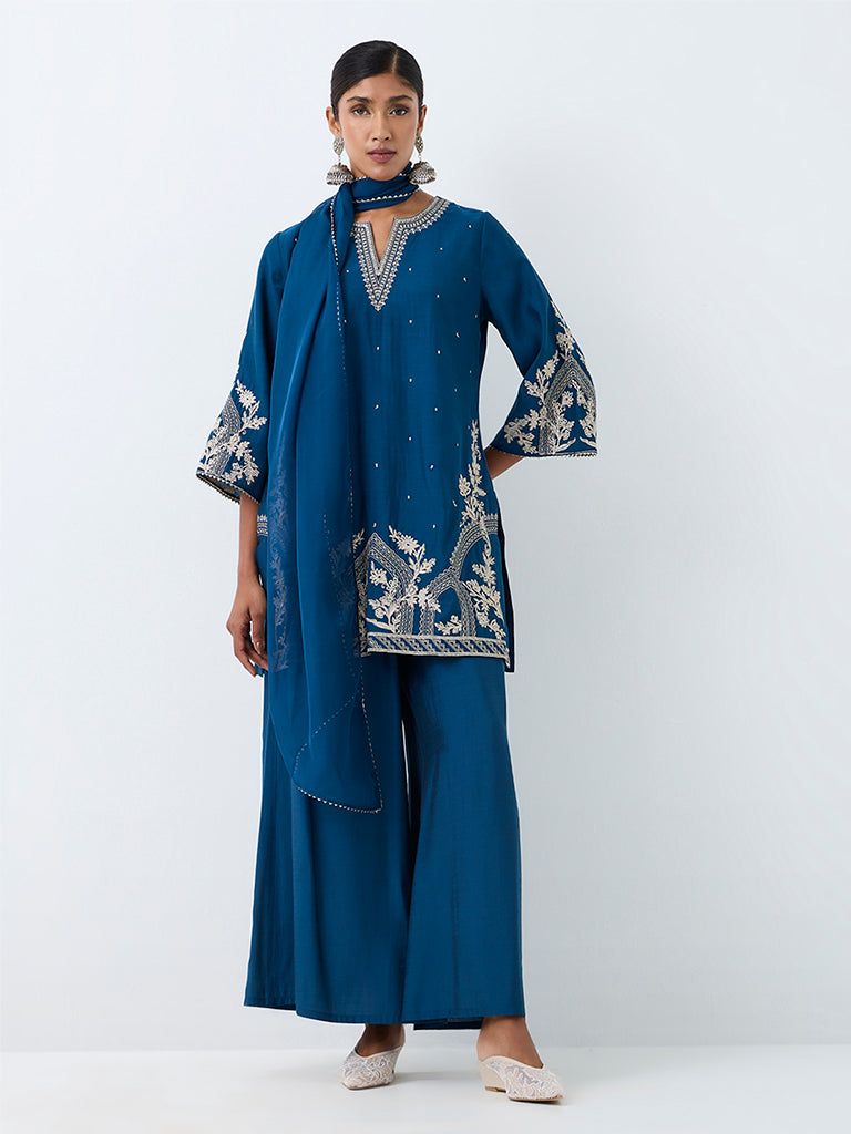 Vark Dark Blue Floral Embroidered Straight Ethnic Set
