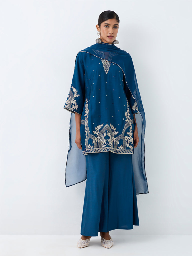 Vark Dark Blue Floral Embroidered Straight Ethnic Set