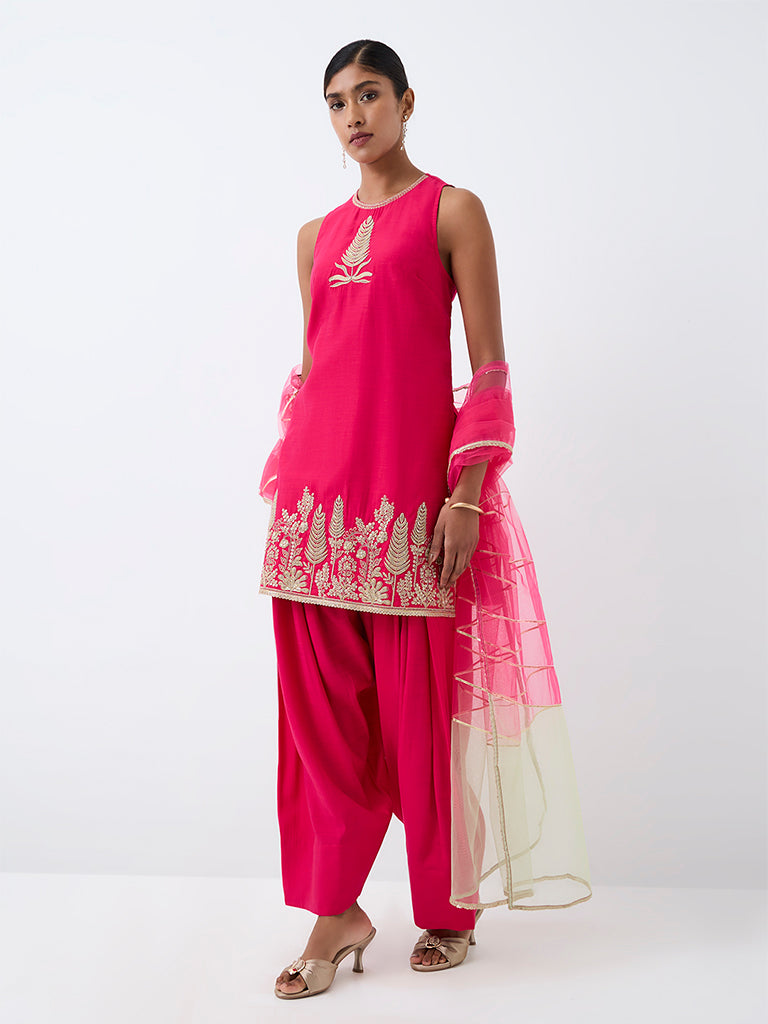 Vark Fuchsia Botanical Embroidered A-Line Ethnic Set