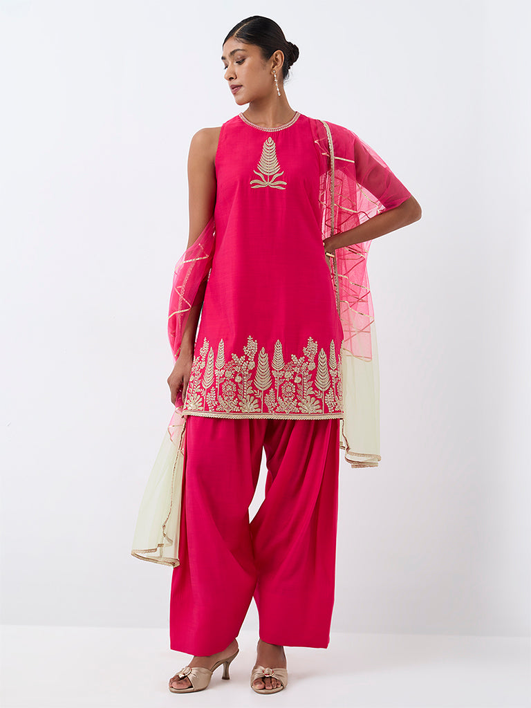 Vark Fuchsia Botanical Embroidered A-Line Ethnic Set