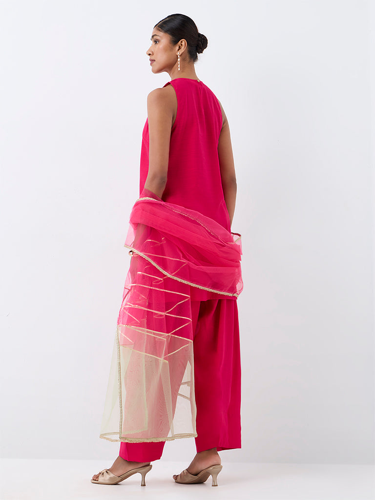 Vark Fuchsia Botanical Embroidered A-Line Ethnic Set