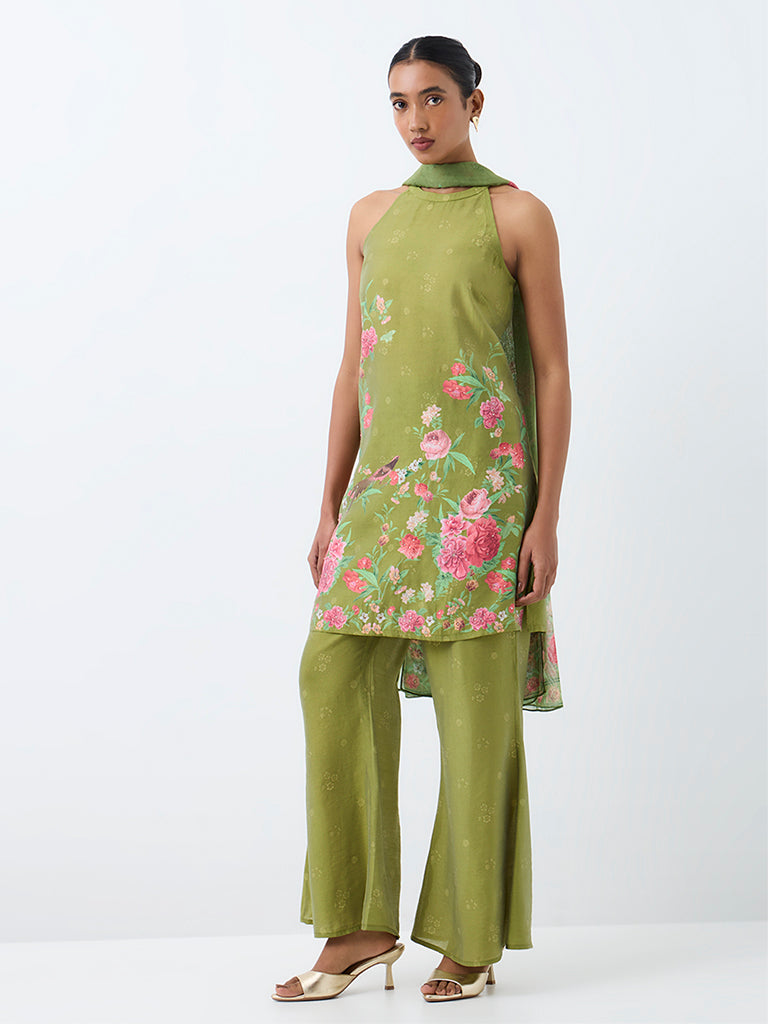 Vark Green Floral Printed A-Line Ethnic Set