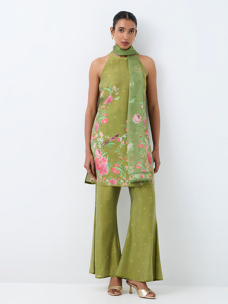 Vark Green Floral Printed A-Line Ethnic Set